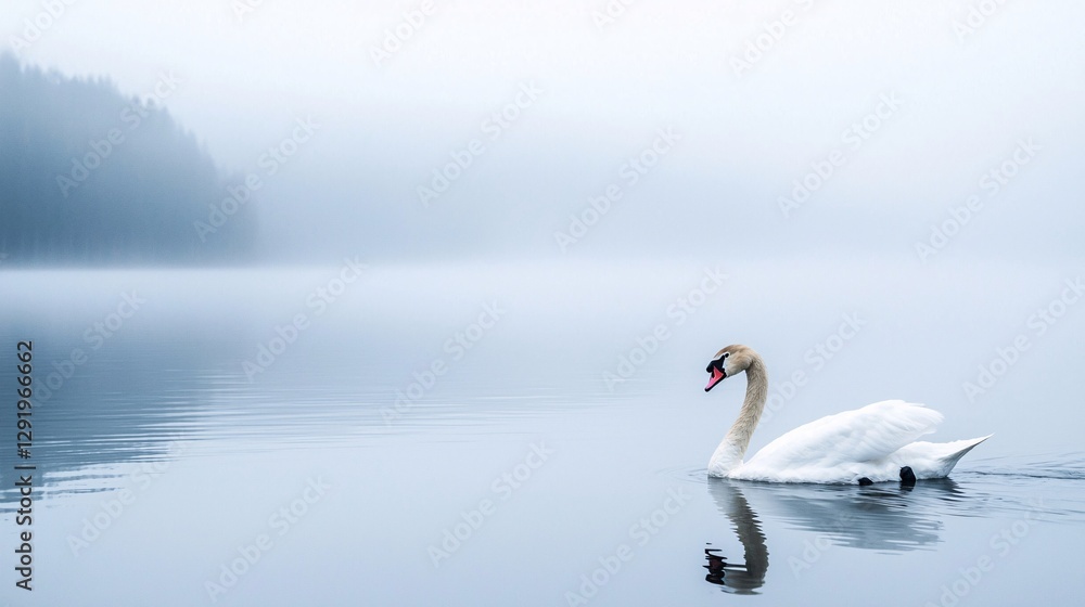 Obraz premium lone swan gracefully swimming on a tranquil lake, symbolizing solitude in love, surrounded by still waters and soft light. swan, lone swan, lake, solitude, love, symbol, peaceful, tranquil, 
