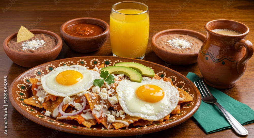 Authentic Mexican breakfast, Chilaquiles with fried eggs, queso fresco, and orange juice Authentic Mexican breakfast, Chilaquiles with fried eggs, queso fresco, and orange juice