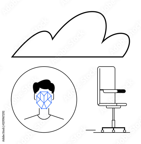 Facial scanning icon within a circle, cloud outline, and swivel chair suggest AI, cloud computing, and productivity. Ideal for tech, workplace, innovation, data security business AI concepts