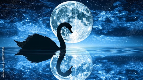 silhouette of a swan against the backdrop of a full moon, symbolizing unrequited love under a vast sky. swan, silhouette, moon, full moon, one-sided love, sky, unrequited, lonely, love, night, 