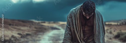 Man  israelite crying while walking in a desert road. Ancient days in Israel year of 10 B.C.