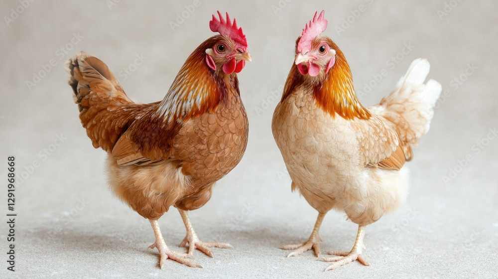 Fototapeta premium Two hens facing each other, studio shot, neutral background, poultry farming