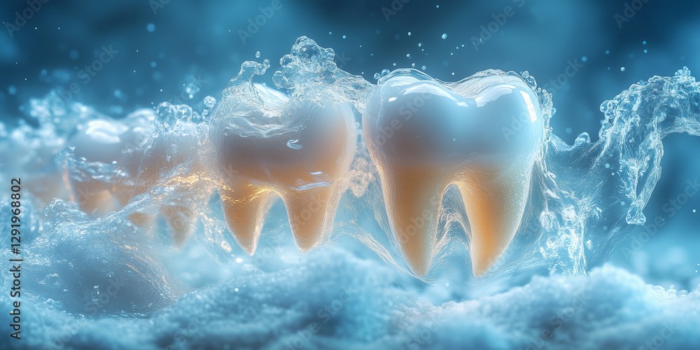 Obraz premium Dental model of premolars with concept of dental care, aqua cleaning and dental health and oral hygiene. Blue background