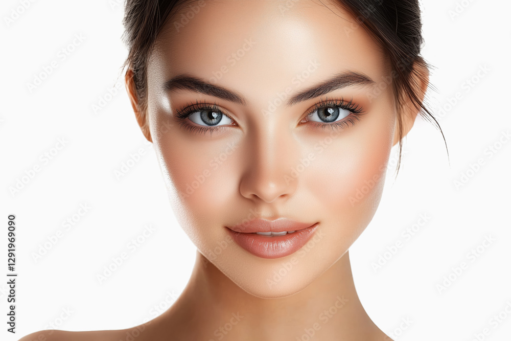 Fototapeta premium portrait of beautiful young brunette woman with perfect clear skin on white background close-up