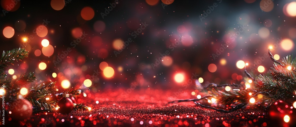 Red christmas background with pine branches and decorative elements for holiday celebrations Red christmas background with pine branches and decorative elements for holiday celebrations
