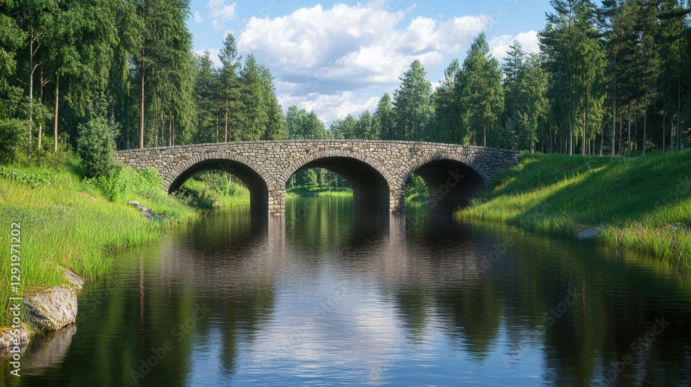 Fototapeta premium A scenic stone bridge arches over a calm river, surrounded by lush greenery and trees under a clear blue sky, This image is ideal for nature-themed projects, travel blogs