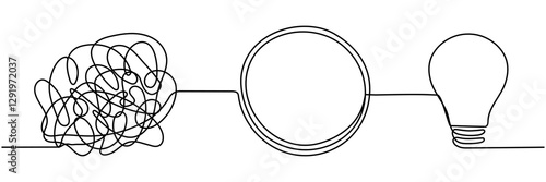 Chaotic and mess lines with lightbulb continuous line drawing. Problem solving concept. Creating idea symbol. Vector illustration isolated on white.