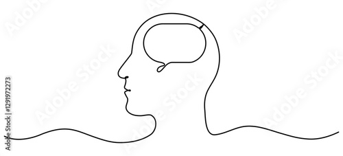 Human head with speech bubble continuous line drawing. Dialog or monolog symbol. Conversation sign. Communication process. Vector illustration isolated on white.