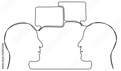 Human heads with speech bubbles continuous line drawing. Dialog symbol. Conversation between two persons. Communication process. Vector illustration isolated on white.