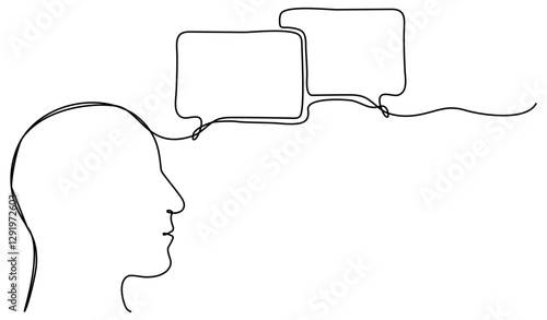 Human head with speech bubble continuous line drawing. Dialog or monolog symbol. Conversation sign. Communication process. Vector illustration isolated on white.