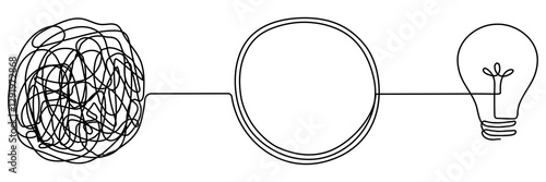 Chaotic and mess lines with lightbulb continuous line drawing. Problem solving concept. Creating idea symbol. Vector illustration isolated on white.