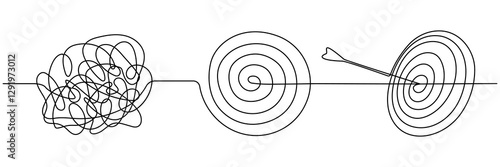 Chaotic and mess lines with target continuous one line drawn. Achieve goal symbol. Problem solving concept. Vector illustration isolated on white.