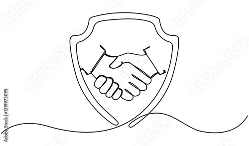 Handshake in shield badge continuous line drawing. Business deal concept. Security partnership symbol. Agreement sign. Vector illustration isolated on white.