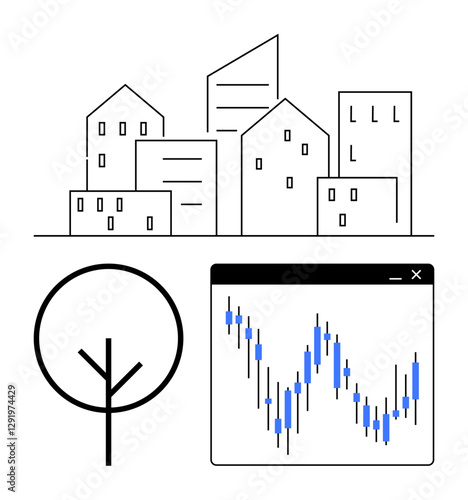 Cityscape with buildings, simple tree icon, and fluctuating stock chart. Ideal for urban planning, real estate, finance, sustainability, technology business and progress themes. Line metaphor