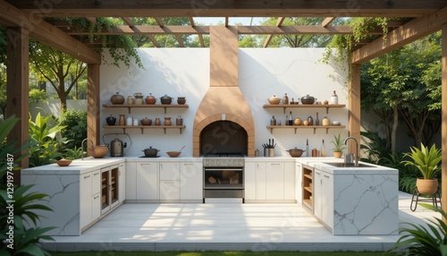 Charming Minimalist Outdoor Kitchen in a Green Oasis