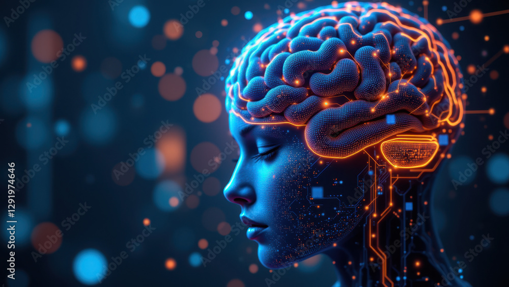 Obraz premium Image depicts a futuristic artificial general intelligence (AGI) with human-like features and a glowing brain inside a computerized structure set against a dark background.