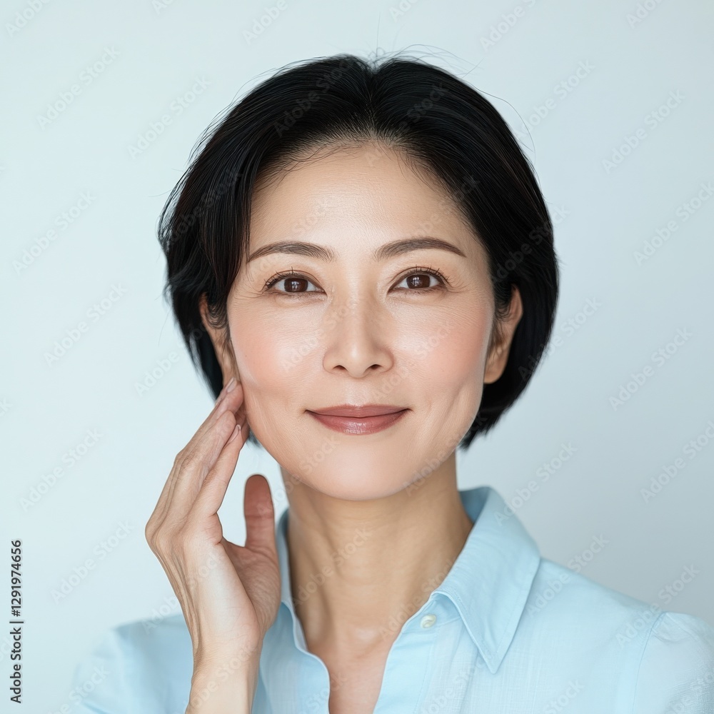 Smiling mature woman with hand to her face. Smiling mature woman with hand to her face.