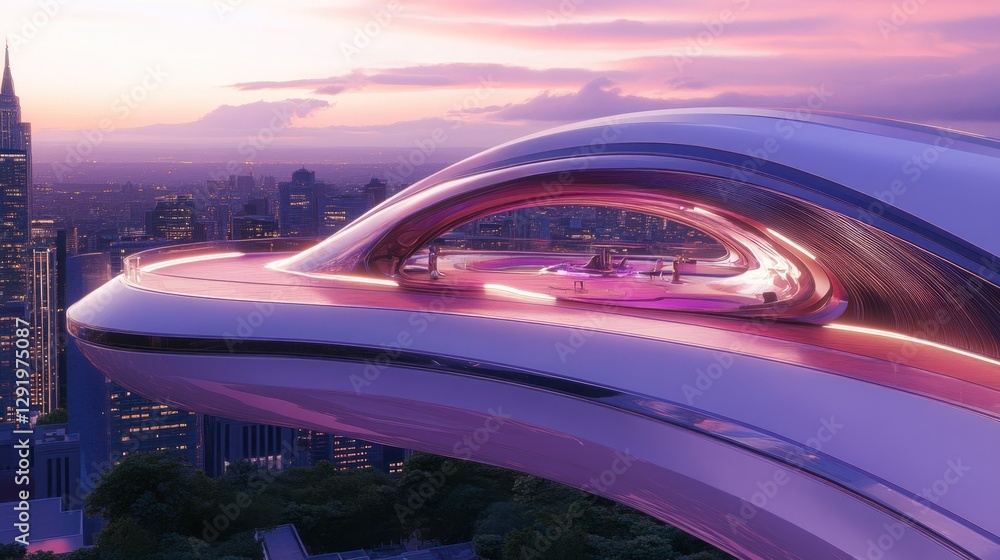 Obraz premium Futuristic rooftop lounge, city skyline, sunset, people relaxing