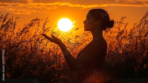 Woman Holding Sun at Sunset Field