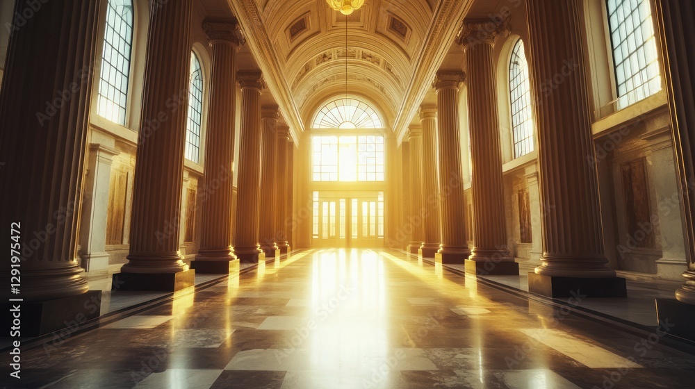 Sunlit grand hall, classical columns, reflecting light, empty interior Sunlit grand hall, classical columns, reflecting light, empty interior