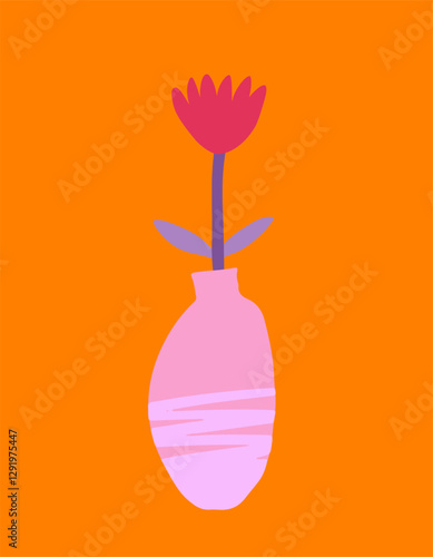 Bright flower against a vibrant background with leaf design in cutout style. Hand-drawn simple botanical illustration