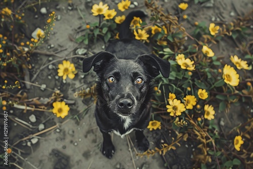 Black dog among vibrant yellow flowers in a natural outdoor setting during daylight hours