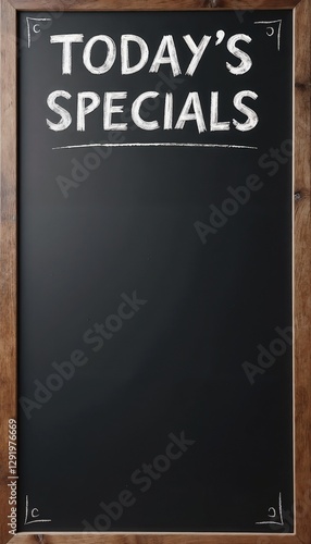 Black vertical signboard in wooden frame with mockup for menu, TODAY'S SPECIALS lettering on empty blackboard. Cafe, bars, restaurants. Copy space for list of dishes or drinks. Сoffee shops specials
