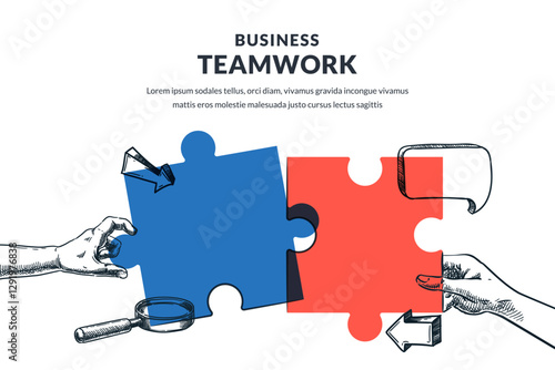 Hands connect puzzle. Vector hand drawn sketch illustration. Business teamwork , collaboration, partnership concept