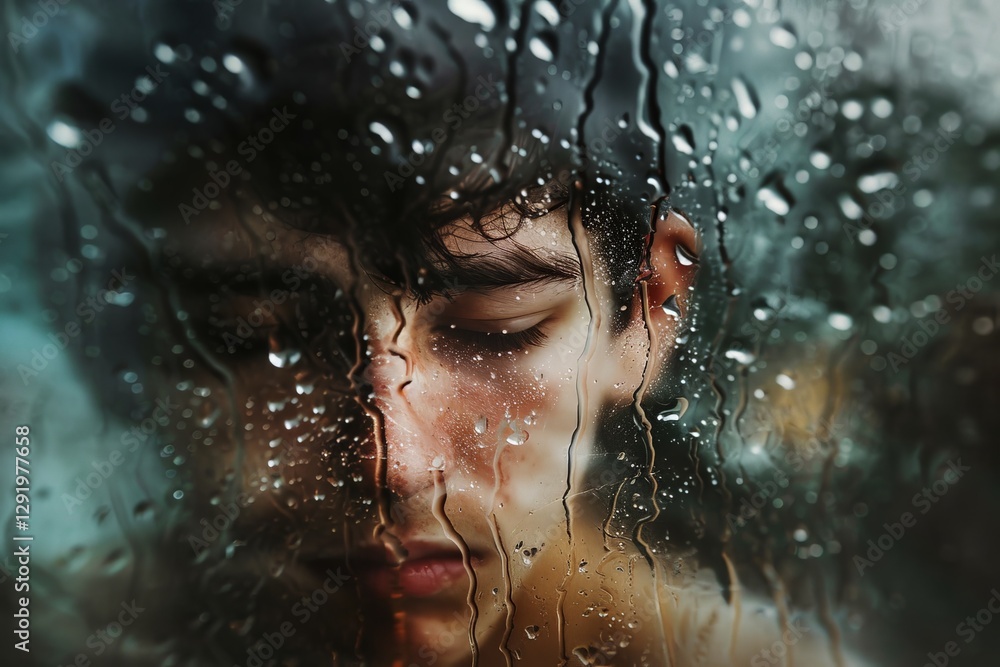 Fototapeta premium Young man with closed eyes and raindrops on glass creates a reflective moment in a quiet setting