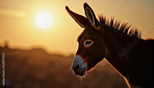 Close-up silhouette shot of a donkey's head against the sun, dramatic and symbolic mood for Palm Sunday
