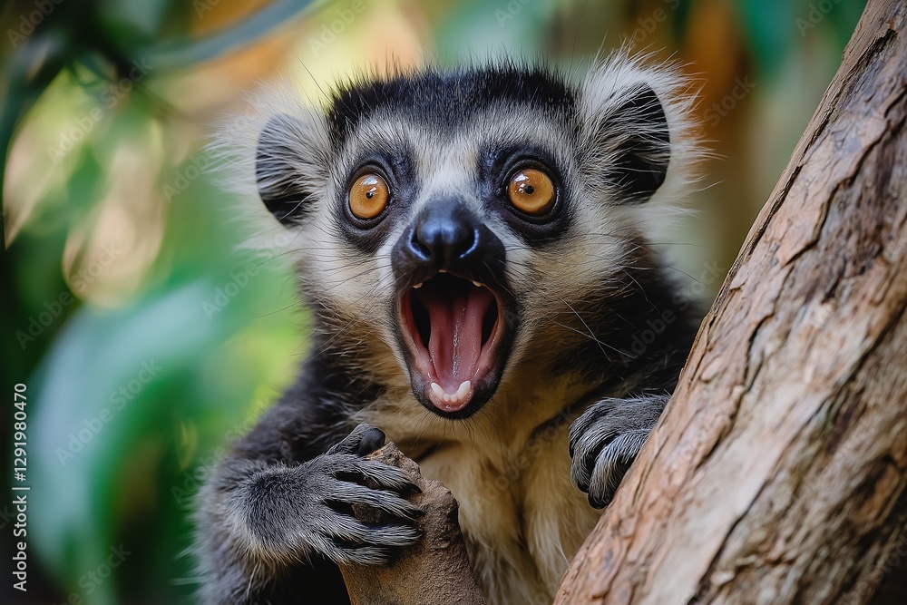 Fototapeta premium A lemur with striking eyes passionately expresses emotion, surrounded by vibrant tropical foliage.