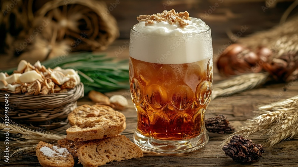 Rustic wooden table, beer with snacks, autumnal background, still life Rustic wooden table, beer with snacks, autumnal background, still life