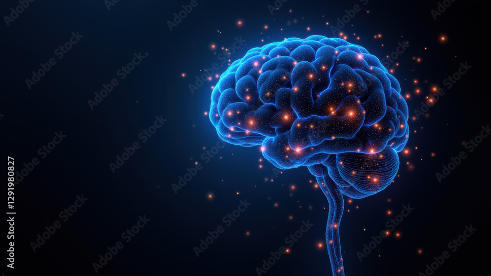 Illustration of a human brain with AI technology represented by bright dots. Illustration of a human brain with AI technology represented by bright dots.