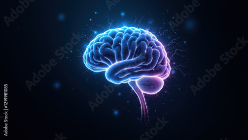 Illustration of artificial general intelligence with a glowing brain as its core.