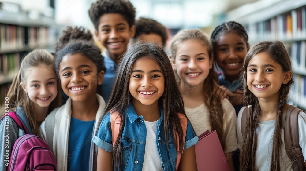 Happy School Group: Diverse group of smiling children, brimming with excitement and knowledge, posing confidently amidst a library setting Happy School Group: Diverse group of smiling children, brimming with excitement and knowledge, posing confidently amidst a library setting