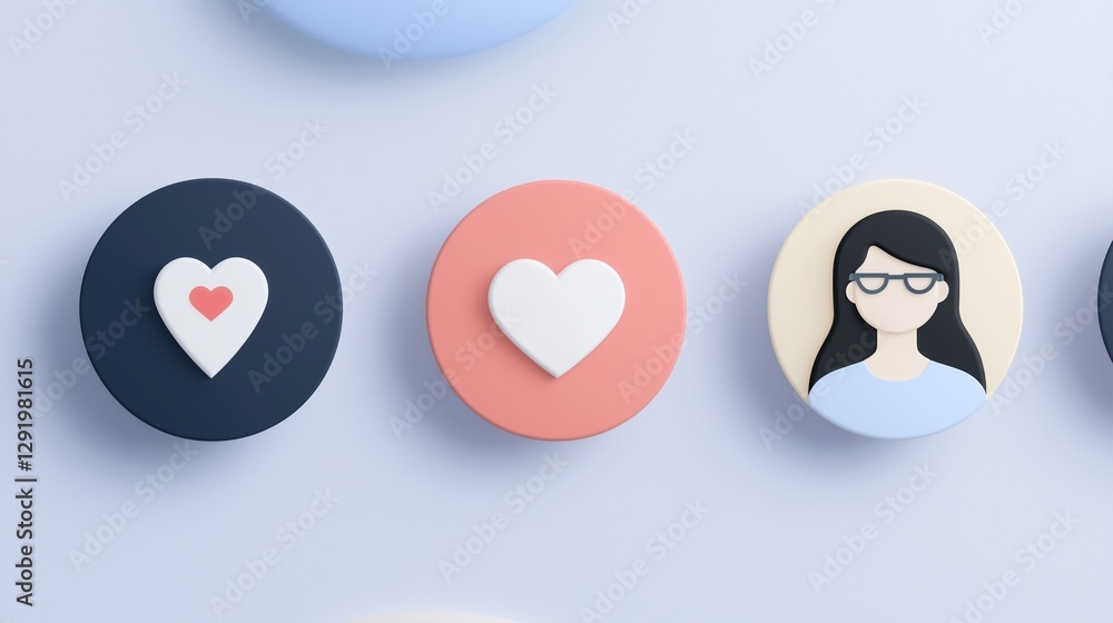 Obraz premium Three circular icons on a light blue background. the first icon on the left is a black circle with a white heart in the center. the second icon is a pink circle with two white hearts in the middle.