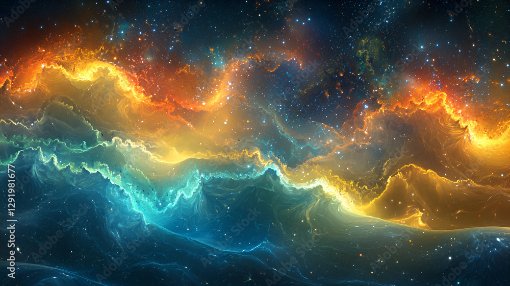 Celestial Dance: A mesmerizing cosmic ballet of vibrant turquoise and fiery orange waves, swirling amidst a star-dusted expanse. Witness the ethereal beauty of the universe unfold. Celestial Dance: A mesmerizing cosmic ballet of vibrant turquoise and fiery orange waves, swirling amidst a star-dusted expanse. Witness the ethereal beauty of the universe unfold.