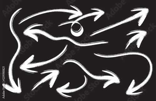 Set of white hand drawn grunge doodle spiral and curved chalk arrows on black background. eps10