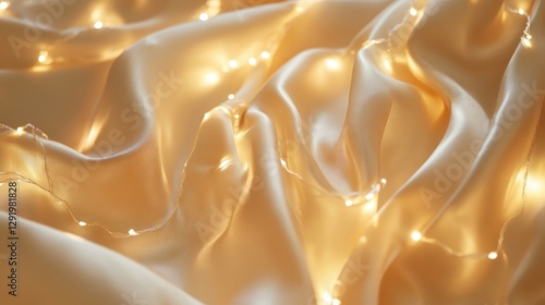 Soft golden fabric illuminated with warm fairy lights creates a cozy and inviting atmosphere in a serene setting