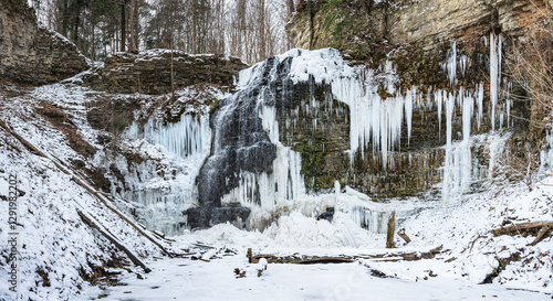 Panorama View of Tiffany Falls Frozen in winter, Hamilton, Ontario, Canada