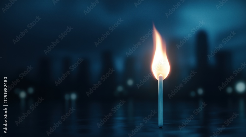Fototapeta premium Close-up of a single matchstick with a flame burning brightly. the matchstick is in the center of the image, with the flame extending upwards towards the top right corner.