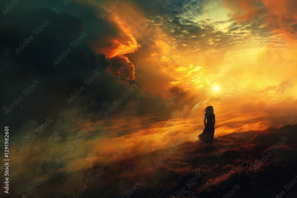 Woman stands alone on a hill at sunset, embraced by vibrant clouds and colorful skies Woman stands alone on a hill at sunset, embraced by vibrant clouds and colorful skies