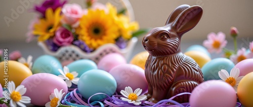 Chocolate Easter Bunny with Pastel Eggs and Basket of Flowers