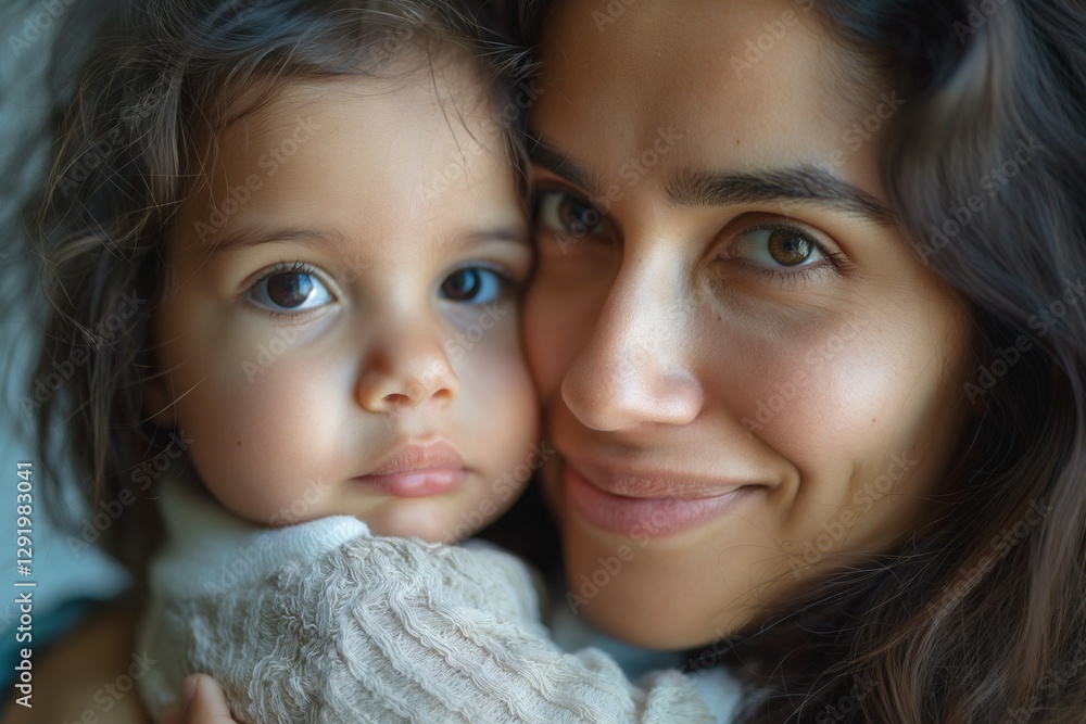 A close-up portrait of a loving mother, Latina, embraces her adorable daughter with deep brown eyes, showcasing warmth and affection. A close-up portrait of a loving mother, Latina, embraces her adorable daughter with deep brown eyes, showcasing warmth and affection.
