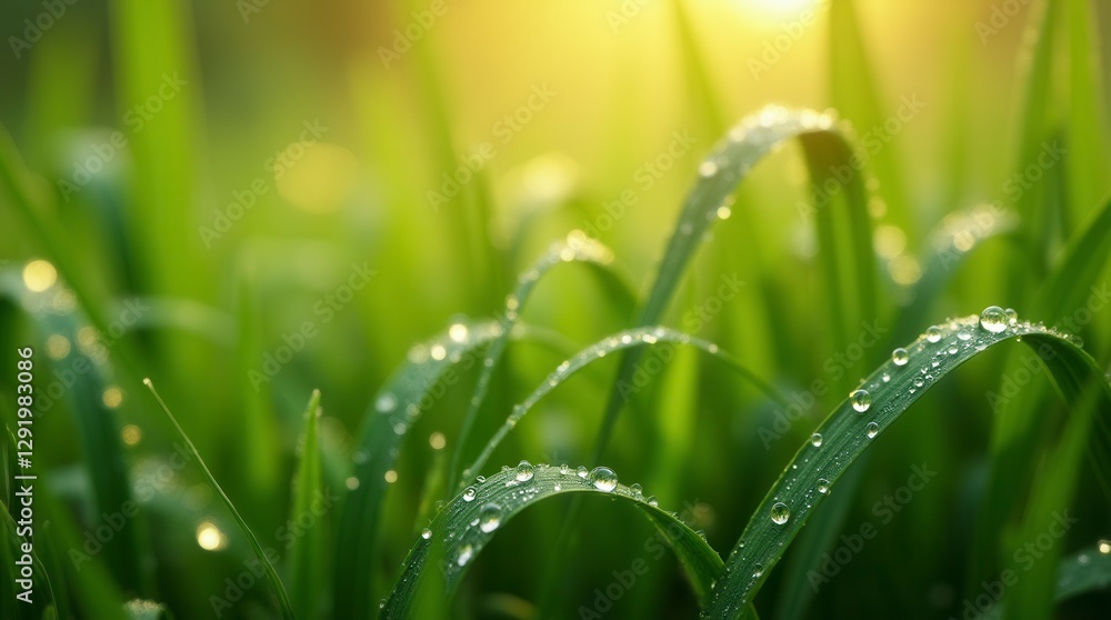 Peaceful Morning Dew Drops on Green Grass Blades Peaceful Morning Dew Drops on Green Grass Blades