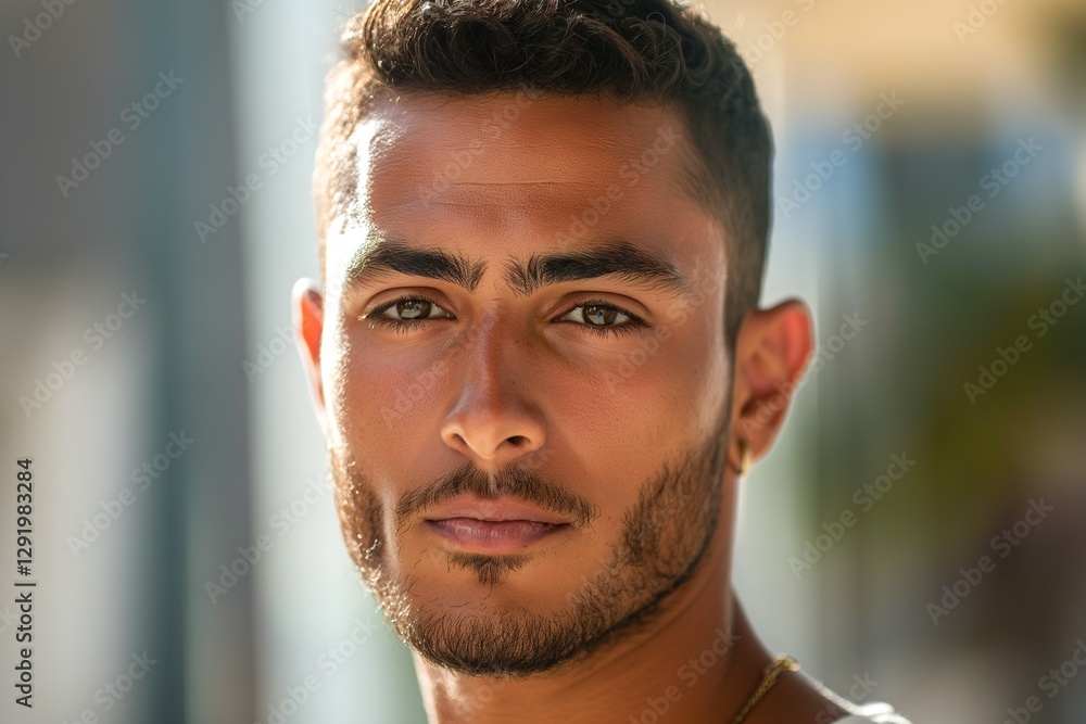 A young Middle-Eastern man with a chiseled jawline and deep-set eyes, showcasing confidence and charm in a sunlit urban setting. A young Middle-Eastern man with a chiseled jawline and deep-set eyes, showcasing confidence and charm in a sunlit urban setting.
