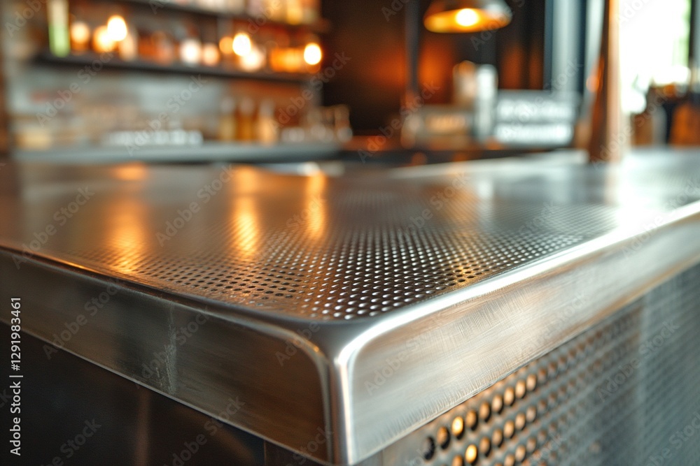 A close-up view of a sleek, modern metal bar countertop with a perforated design, creating an elegant and industrial atmosphere. A close-up view of a sleek, modern metal bar countertop with a perforated design, creating an elegant and industrial atmosphere.