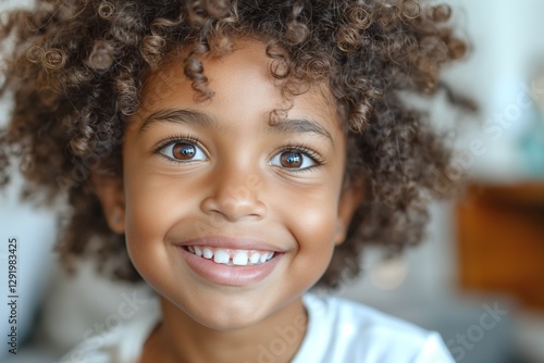 Wallpaper Mural A smiling young girl with curly hair exudes joy and innocence in a bright and cheerful setting. Torontodigital.ca