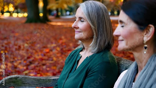 Senior women sharing tranquil moment in autumn park, sitting on bench amid golden hued fallen leaves, basking in warm sunlight and enjoying peaceful companionship. Concept of homosexuality