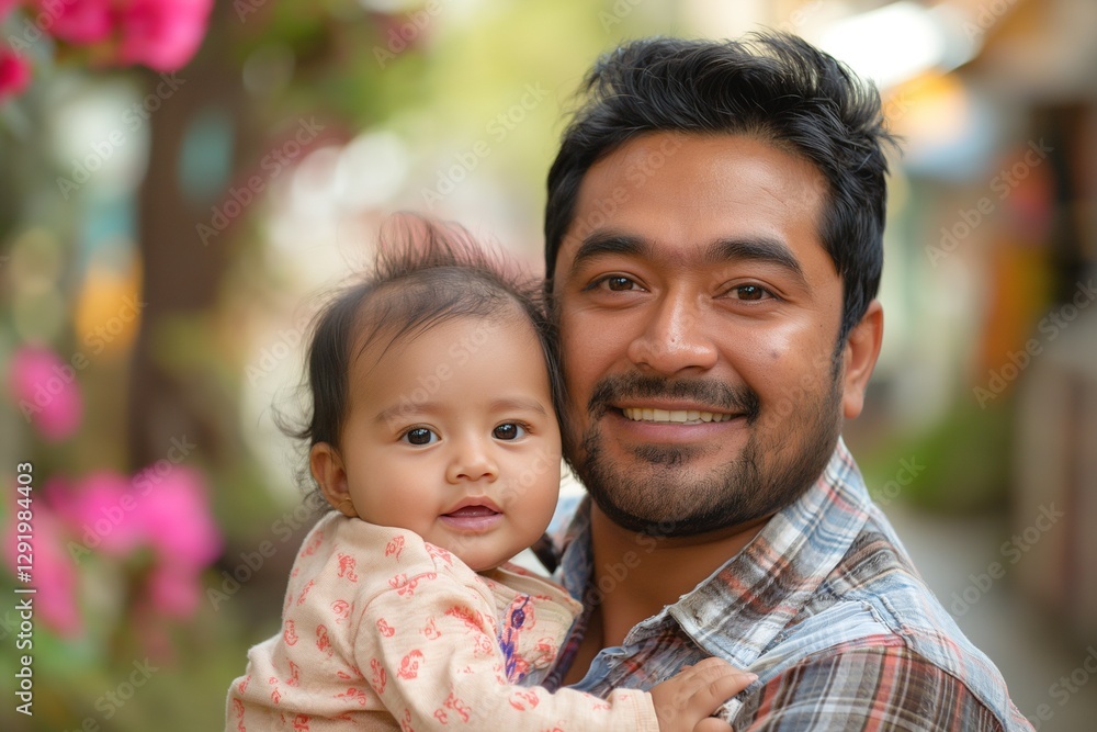 Fototapeta premium A joyful South Asian man smiles while holding his baby girl in a lush, flower-filled setting.